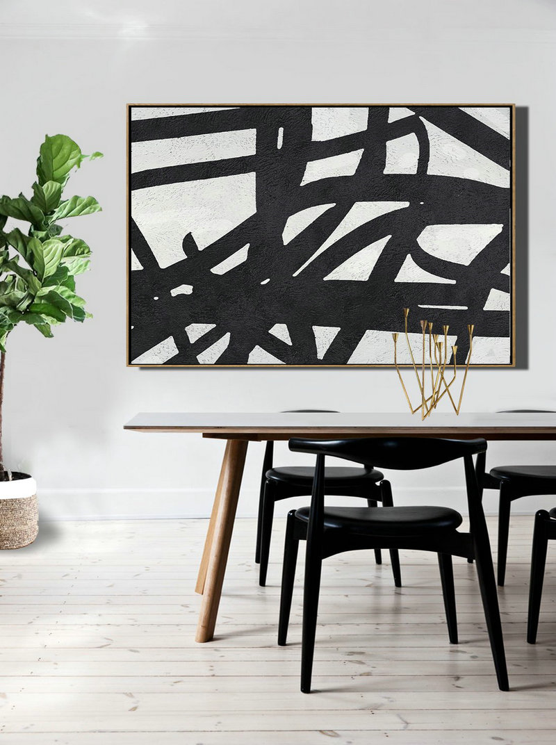 Big Canvas Painting,Hand Painted Oversized Horizontal Minimal Art On Canvas, Black And White Minimalist Painting - Art Work